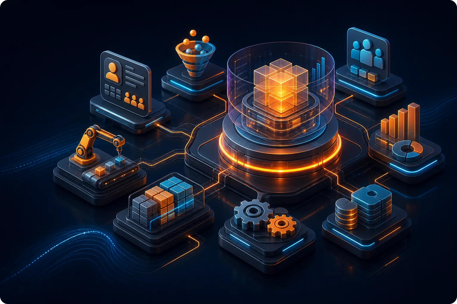 Connected custom CRM and ERP platform unifying customers, operations, automation, analytics and business data