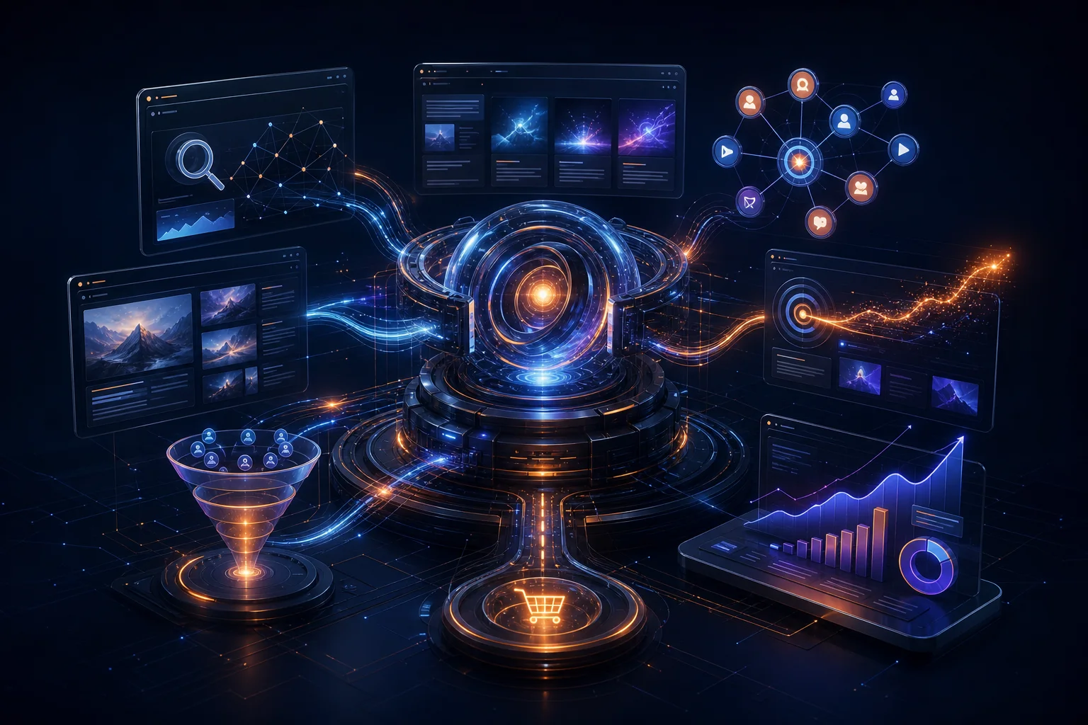 Integrated AI-powered digital growth engine connecting SEO, content, social media, advertising and analytics