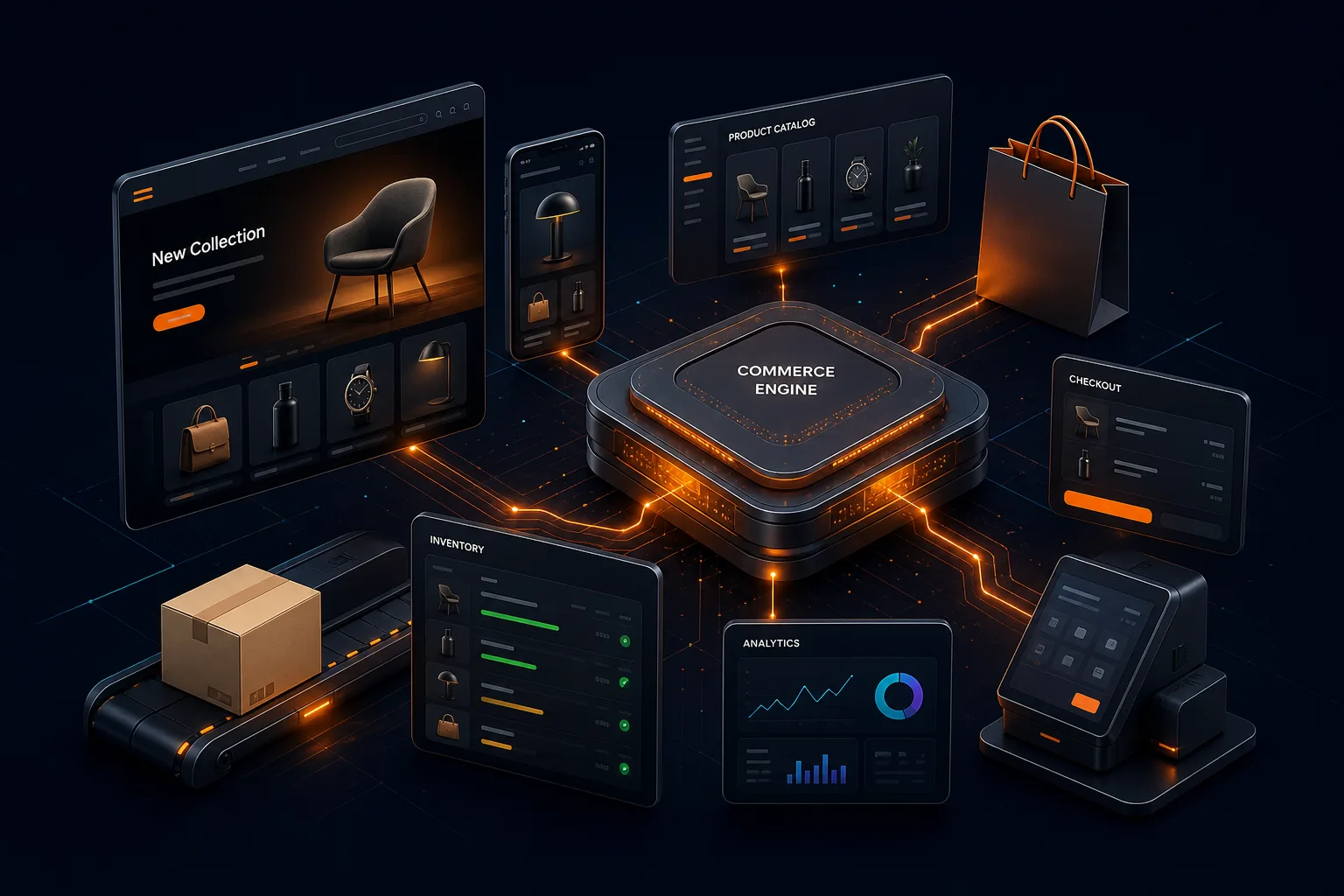 Unified ecommerce engine connecting responsive storefronts, product catalog, checkout, inventory, analytics and fulfillment